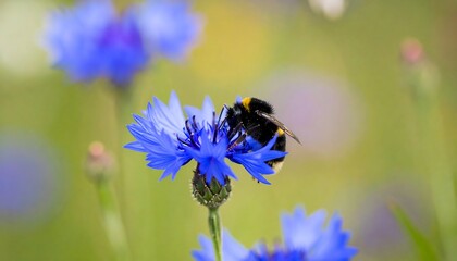 A vibrant bumblebee rests on a delicate blue cornflower, bathed in soft, natural light.