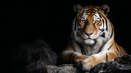 Fototapeta premium A striking tiger portrait, showcasing its intense gaze and powerful presence against a dark background