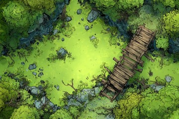 DnD Battlemap battlemap in toxic bog - Surrounded by greenery, battlemap shows a hazardous setting_remains of a bridge in a murky swamp.	