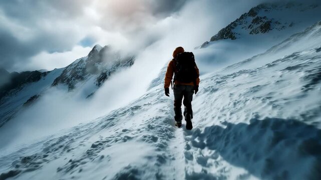 Solitary hiker navigates through a treacherous snowstorm