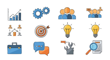 Business and teamwork concept icons illustrating growth, collaboration, innovation, communication, and problem-solving in a modern digital workspace