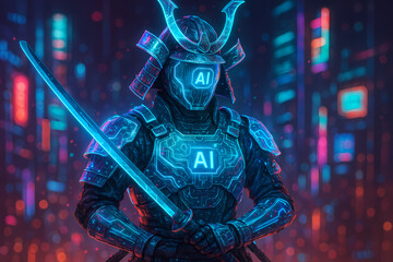A futuristic AI samurai warrior in glowing neon armor holds a katana in a cyberpunk city.