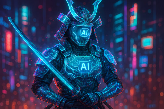 A futuristic AI samurai warrior in glowing neon armor holds a katana in a cyberpunk city.