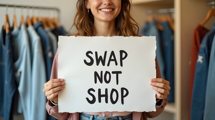 Smiling woman holds sign saying swap not shop in front of closet filled with hanging clothing items.