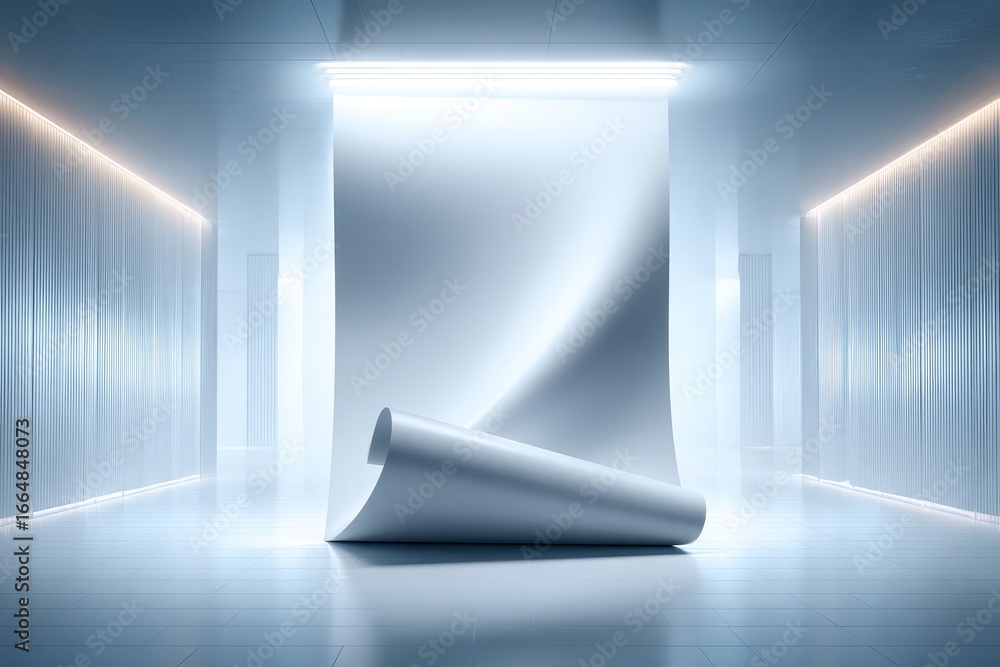 Aufkleber empty modern studio with large white curved paper display against glowing lights.