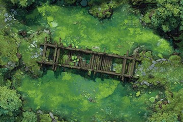 Fototapeta premium DnD Battlemap battlemap in toxic bog - Surrounded by greenery, battlemap shows a hazardous setting_remains of a bridge in a murky swamp. 