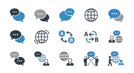 Illustration of global communication concepts featuring speech bubbles and interconnected globe icons emphasizing international dialogue and digital