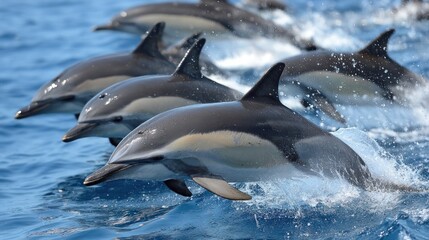 Dolphins leaping in a blue ocean (1)