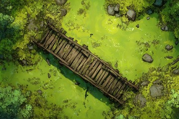DnD Battlemap battlemap in toxic bog - Surrounded by greenery, battlemap shows a hazardous setting_remains of a bridge in a murky swamp.	