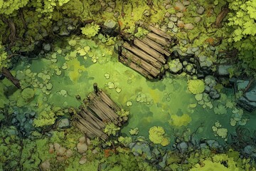 DnD Battlemap battlemap in toxic bog - Surrounded by greenery, battlemap shows a hazardous setting_remains of a bridge in a murky swamp.	