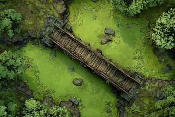 DnD Battlemap battlemap in toxic bog - Surrounded by greenery, battlemap shows a hazardous setting_remains of a bridge in a murky swamp.	