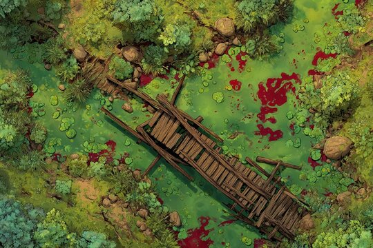 DnD Battlemap battlemap in toxic bog - Surrounded by greenery, battlemap shows a hazardous setting_remains of a bridge in a murky swamp.	