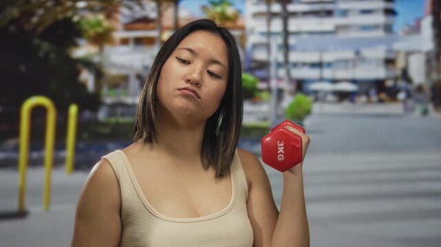 Woman exercising outdoors with dumbbell on city street showing strength and determination.