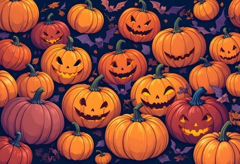 Seamless Halloween Pumpkin Pattern with Jack-o'-Lanterns, Flying Bats, and Autumn Leaves &ndash; Repeating Background, Cartoon Style, Digital Illustration, Holiday Design, Festive Texture