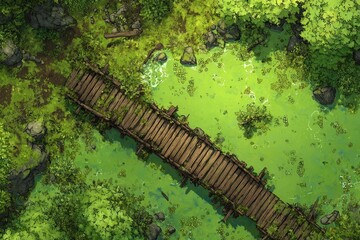DnD Battlemap battlemap in toxic bog - Surrounded by greenery, battlemap shows a hazardous setting_remains of a bridge in a murky swamp.	