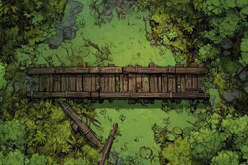 DnD Battlemap battlemap in toxic bog - Surrounded by greenery, battlemap shows a hazardous setting_remains of a bridge in a murky swamp.	