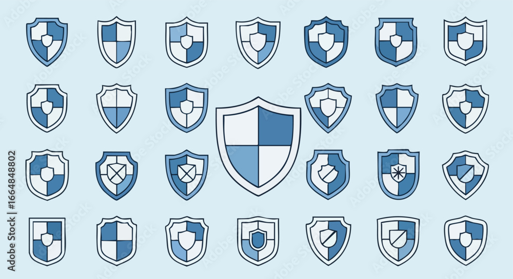 Poster collection of diverse blue and white shield emblems representing security and protection icons with 