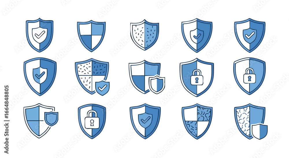 Aufkleber collection of diverse security shield icons representing protection and safety concepts in digital a