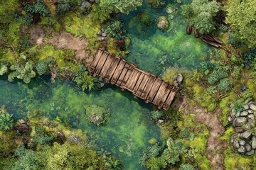 DnD Battlemap battlemap in toxic bog - Surrounded by greenery, battlemap shows a hazardous setting_remains of a bridge in a murky swamp.	