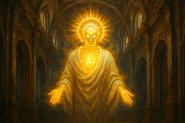 Obraz premium A divine, glowing AI entity with a radiant halo stands in a grand, cathedral-like hall.