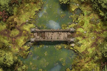 DnD Battlemap battlemap in toxic bog - Surrounded by greenery, battlemap shows a hazardous setting_remains of a bridge in a murky swamp.	
