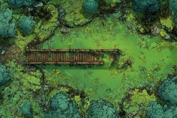 DnD Battlemap battlemap in toxic bog - Surrounded by greenery, battlemap shows a hazardous setting_remains of a bridge in a murky swamp.	