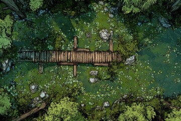 DnD Battlemap battlemap in toxic bog - Surrounded by greenery, battlemap shows a hazardous setting_remains of a bridge in a murky swamp.	
