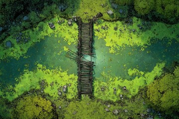 DnD Battlemap battlemap in toxic bog - Surrounded by greenery, battlemap shows a hazardous setting_remains of a bridge in a murky swamp.	