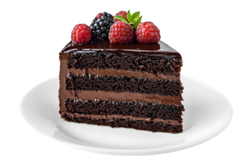 A slice of chocolate cake with berries on a white plate against a black background in a studio shot on transparent background
