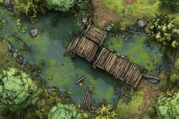 DnD Battlemap battlemap in toxic bog - Surrounded by greenery, battlemap shows a hazardous setting_remains of a bridge in a murky swamp.	