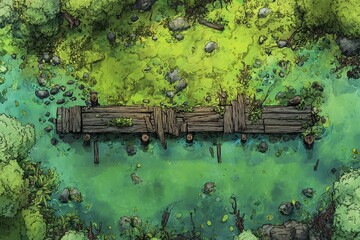 DnD Battlemap battlemap in toxic bog - Surrounded by greenery, battlemap shows a hazardous setting_remains of a bridge in a murky swamp.	
