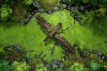 DnD Battlemap battlemap in toxic bog - Surrounded by greenery, battlemap shows a hazardous setting_remains of a bridge in a murky swamp.	