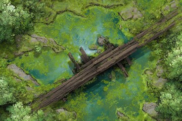 DnD Battlemap battlemap in toxic bog - Surrounded by greenery, battlemap shows a hazardous setting_remains of a bridge in a murky swamp.	
