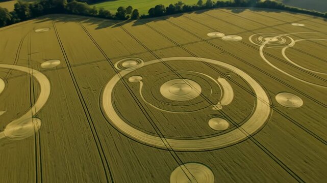 Aerial view of a crop circle formation in a wheat field. Mysterious geometric pattern in cereal crop. Ufo research concept footage.