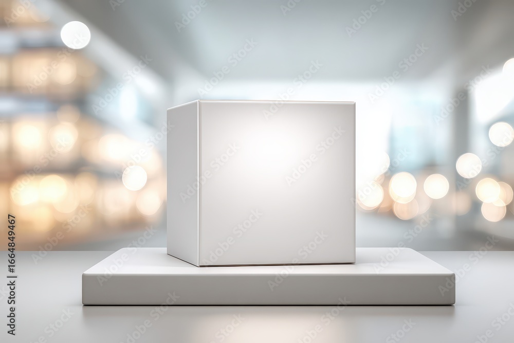 Poster clean white cube product display on a podium with blurred bokeh background.
