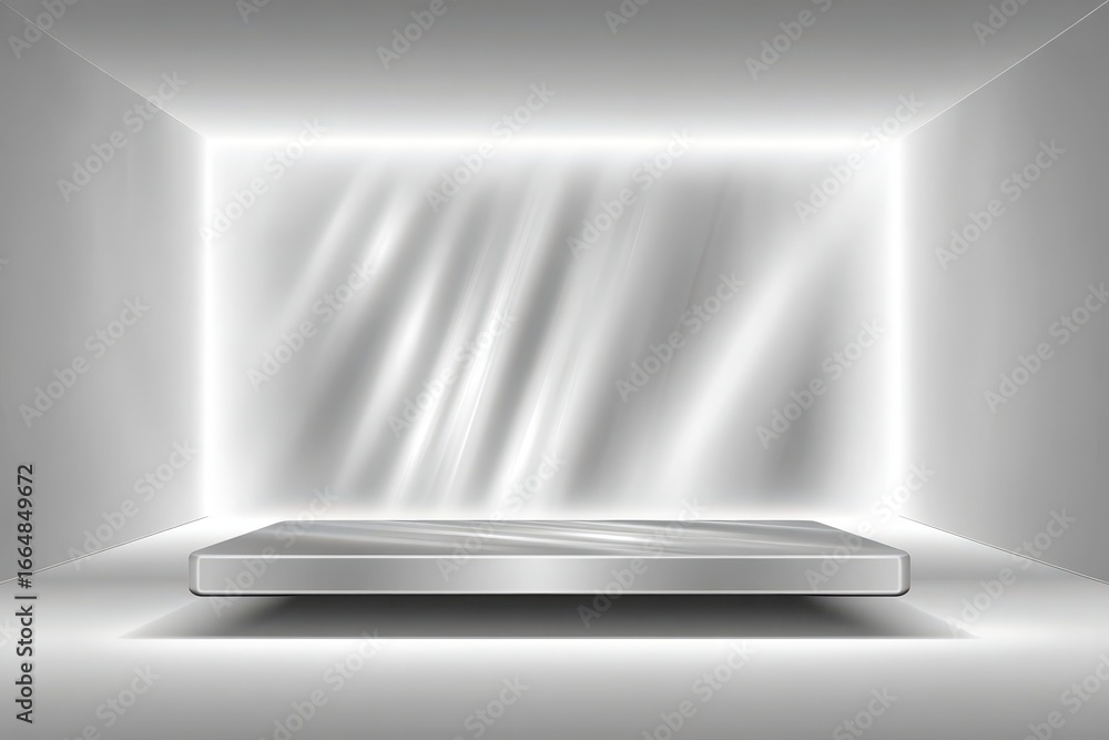 Poster minimalist 3d rendered empty showcase podium with light rays in a grey studio room.