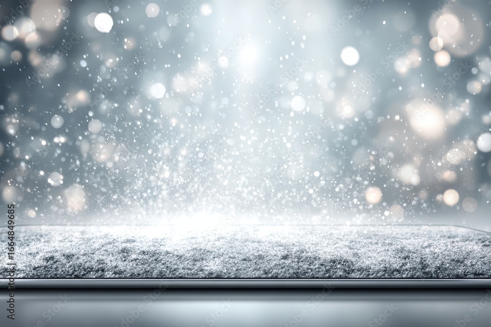 Poster Sparkling snowy stage with glowing bokeh and falling snow design.