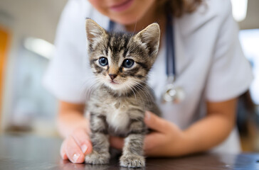 Veterinarian examining a kitten
