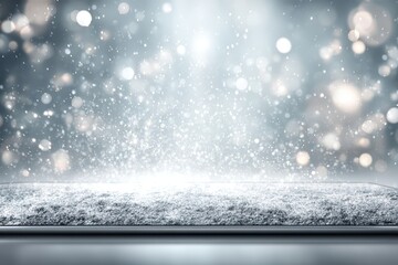 Sparkling snowy stage with glowing bokeh and falling snow design.