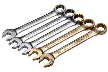 A collection of various wrenches arranged in a line, showcasing different colors and conditions