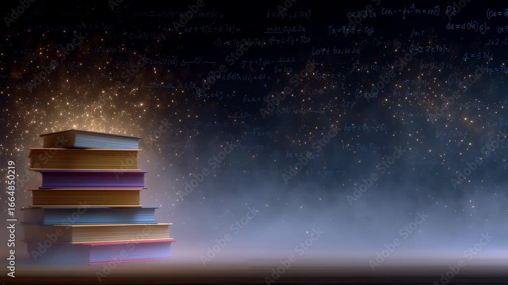 Poster stack of books placed on misty surface with chalkboard filled with handwritten formulas in the backg