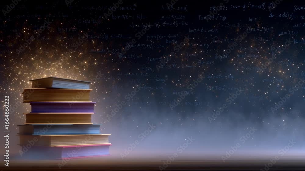 Poster books arranged neatly on dark surface surrounded by shimmering sparkles. chalkboard in background di