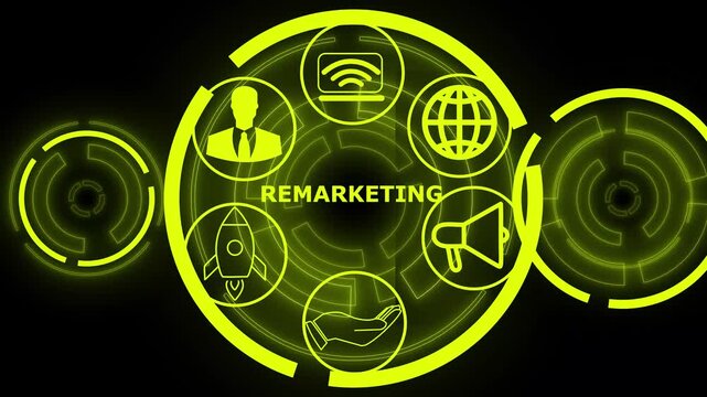 Business, technology, internet and network concept. Virtual screen of the future and sees the inscription: Remarketing, Abstract technology symbols. performance metrics, and business insights from,