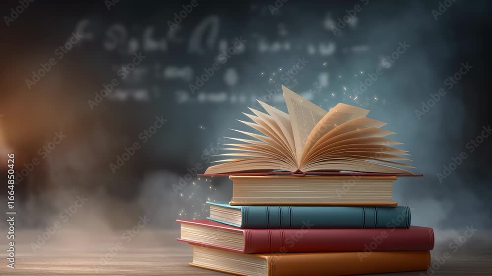 Aufkleber open book rests atop a stack of colorful books in a classroom with chalkboard displaying handwritten