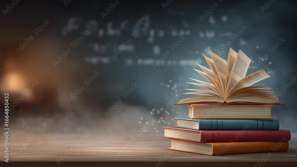 Aufkleber chalkboard filled with handwritten formulas and equations with a stack of books emitting magical dus