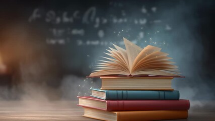 Open book rests atop a stack of colorful books in a classroom with chalkboard displaying handwritten formulas. Warm ambient light creates inviting atmosphere. Concept of education, learning, tutoring