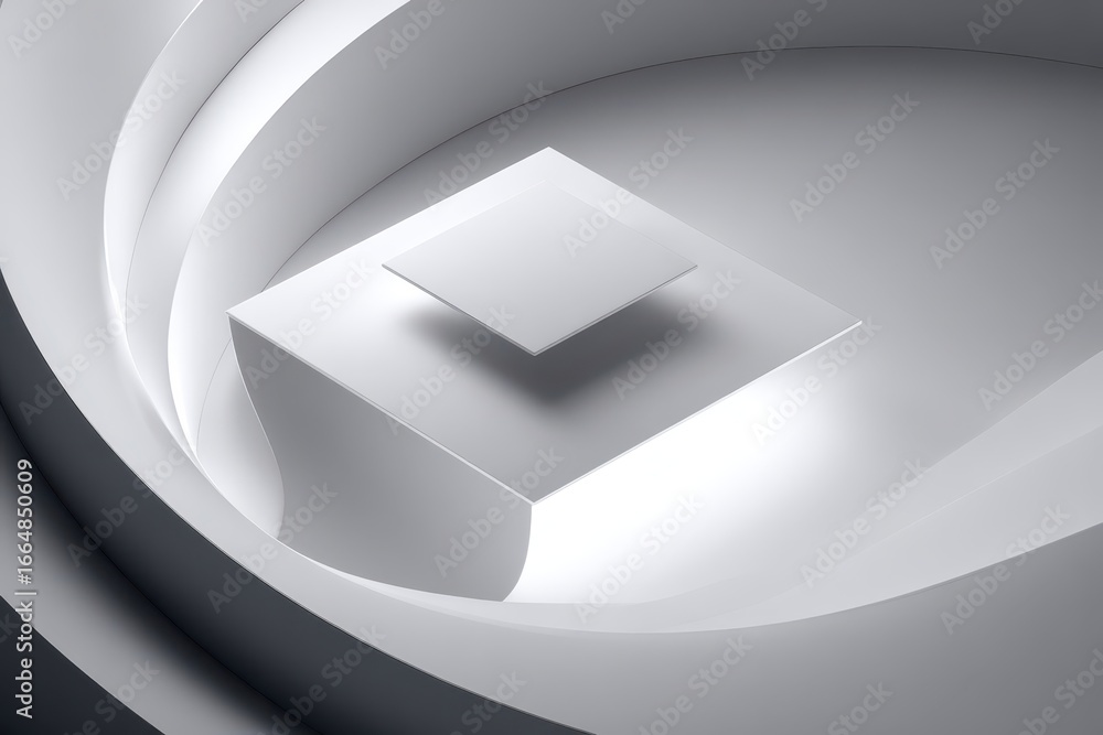 Poster abstract white geometric shapes with a floating square and graceful curves.