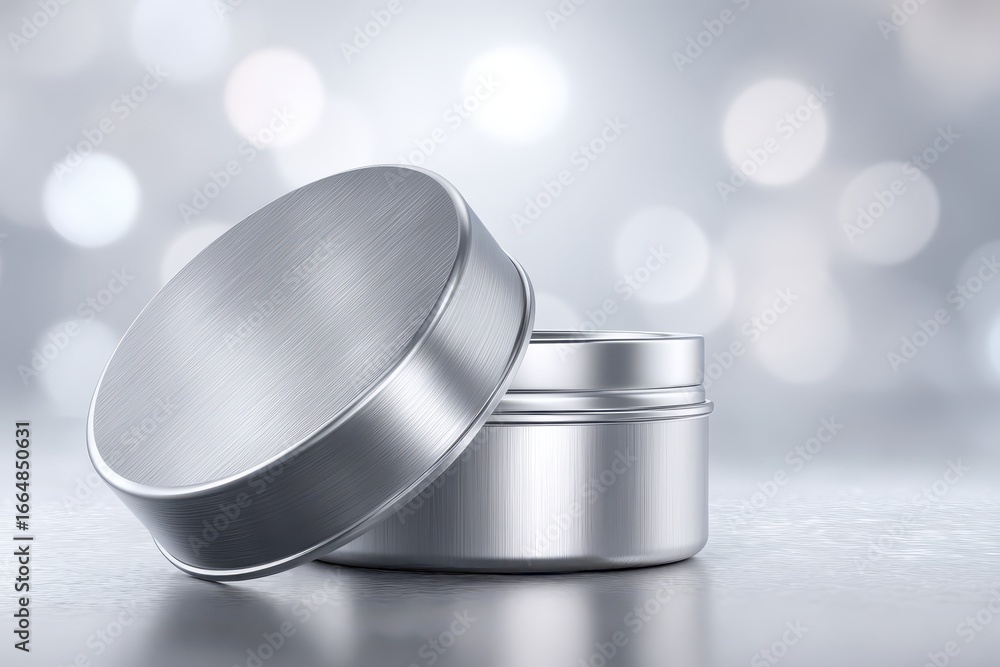 Poster stylish empty open silver metal tin container with lid on a bright bokeh background.