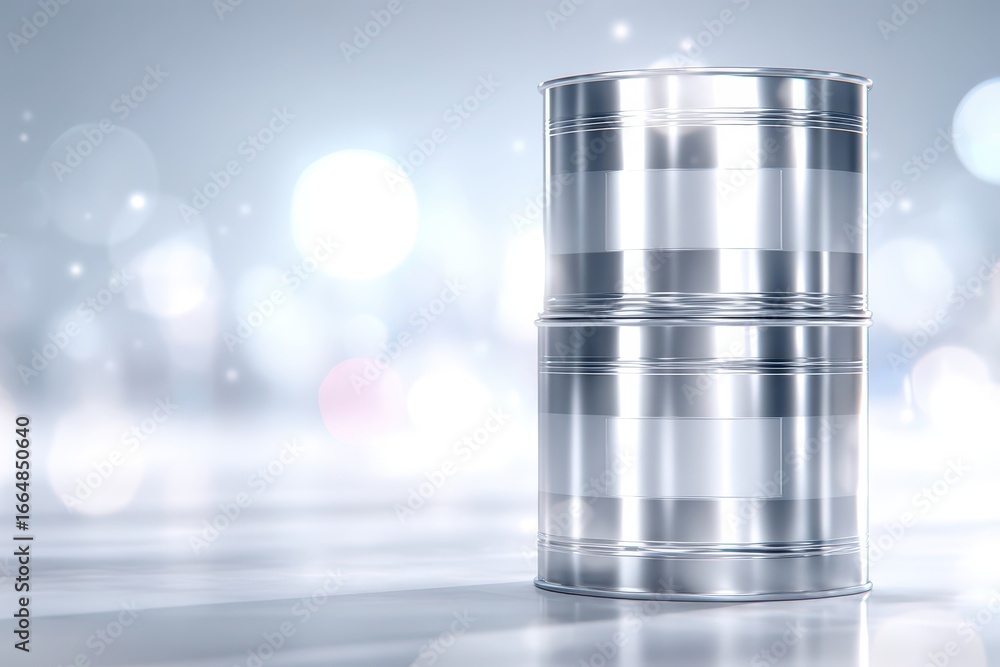 Poster two shiny metallic cans stacked on a reflective surface with a bokeh background.