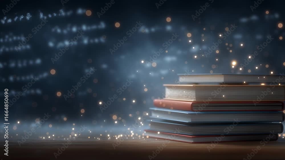 Aufkleber books stacked neatly, creating a focal point with sparkling lights in background. chalkboard display